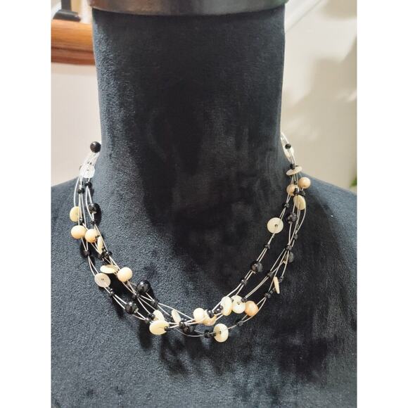 Women's Black & Beige Beaded Multilayered Stylish Short Necklace - Picture 1 of 7